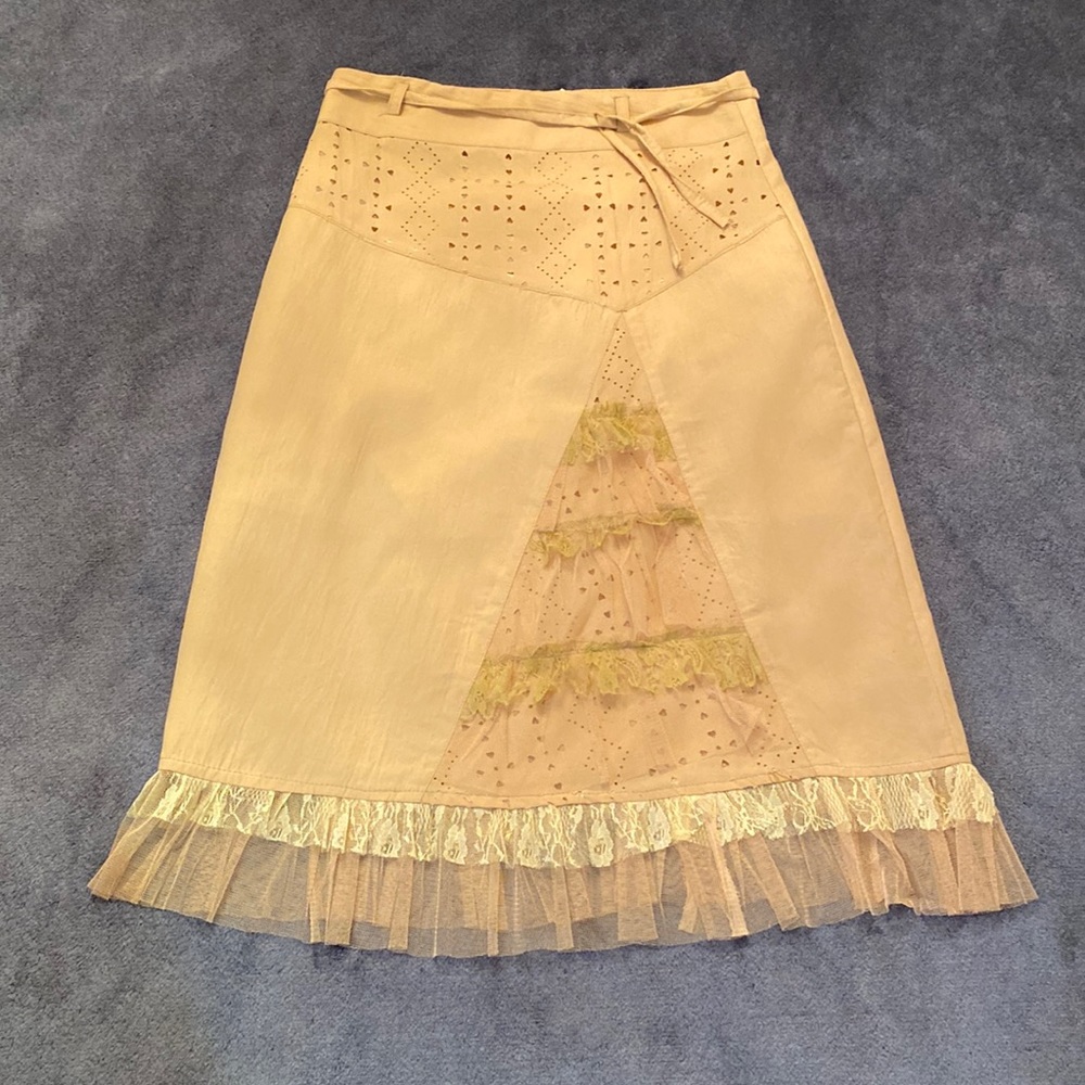 Beige Mini Heart Laser Cut Lace Mesh Ruffle Midi Skirt